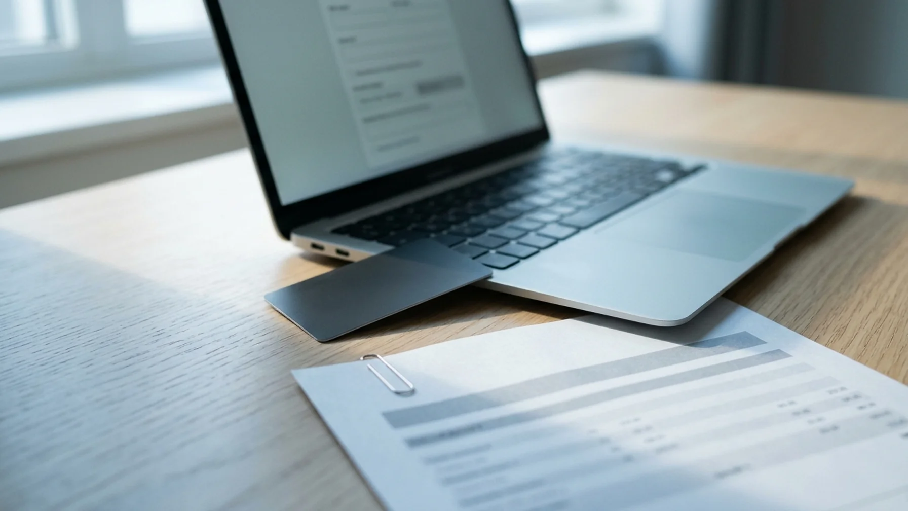 Laptop screen showing a payment transfer form next to a bank card and a printed invoice on a desk