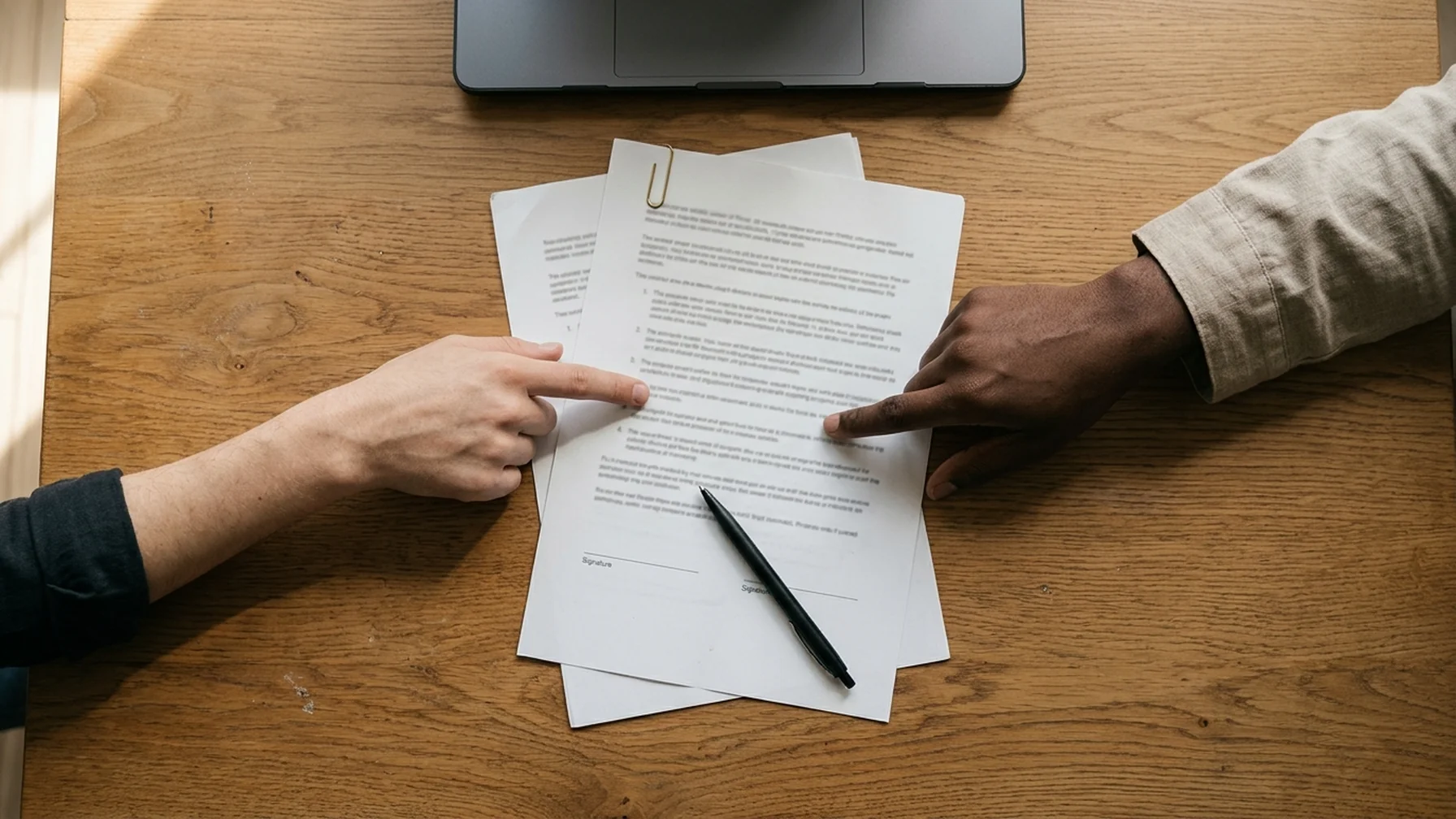 Two hands over a desk reviewing a printed freelance contract beside a pen and a closed laptop, daylight from a window